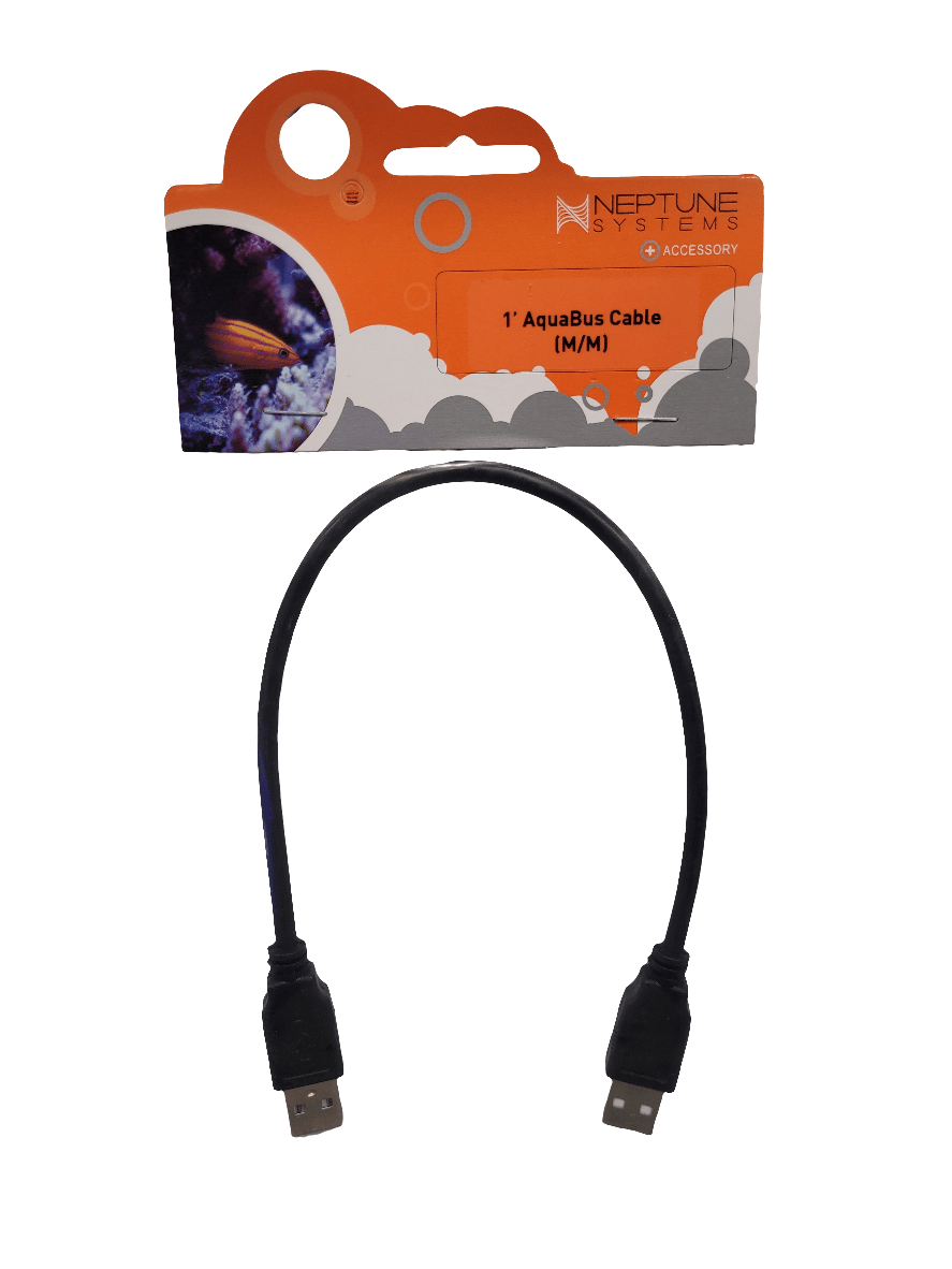 A 1-foot AquaBus Cable (m/m) from Neptune Systems, featuring USB connectors, is showcased in its distinct orange and gray packaging with a sea life motif and the Neptune Systems logo.