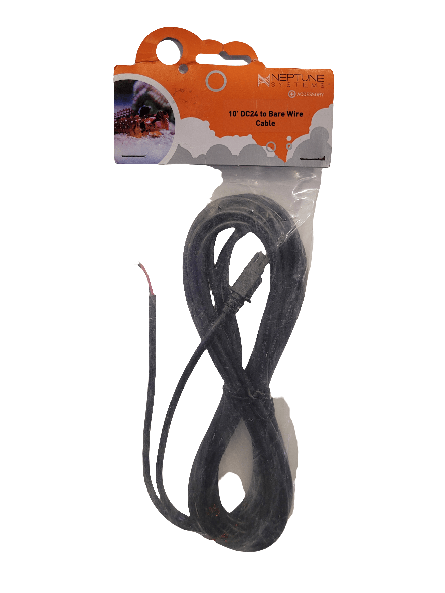 A 10-foot DC24 to bare wire cable by Neptune Systems, coiled and enclosed in clear plastic, features an orange and white label displaying the brand name and product details.