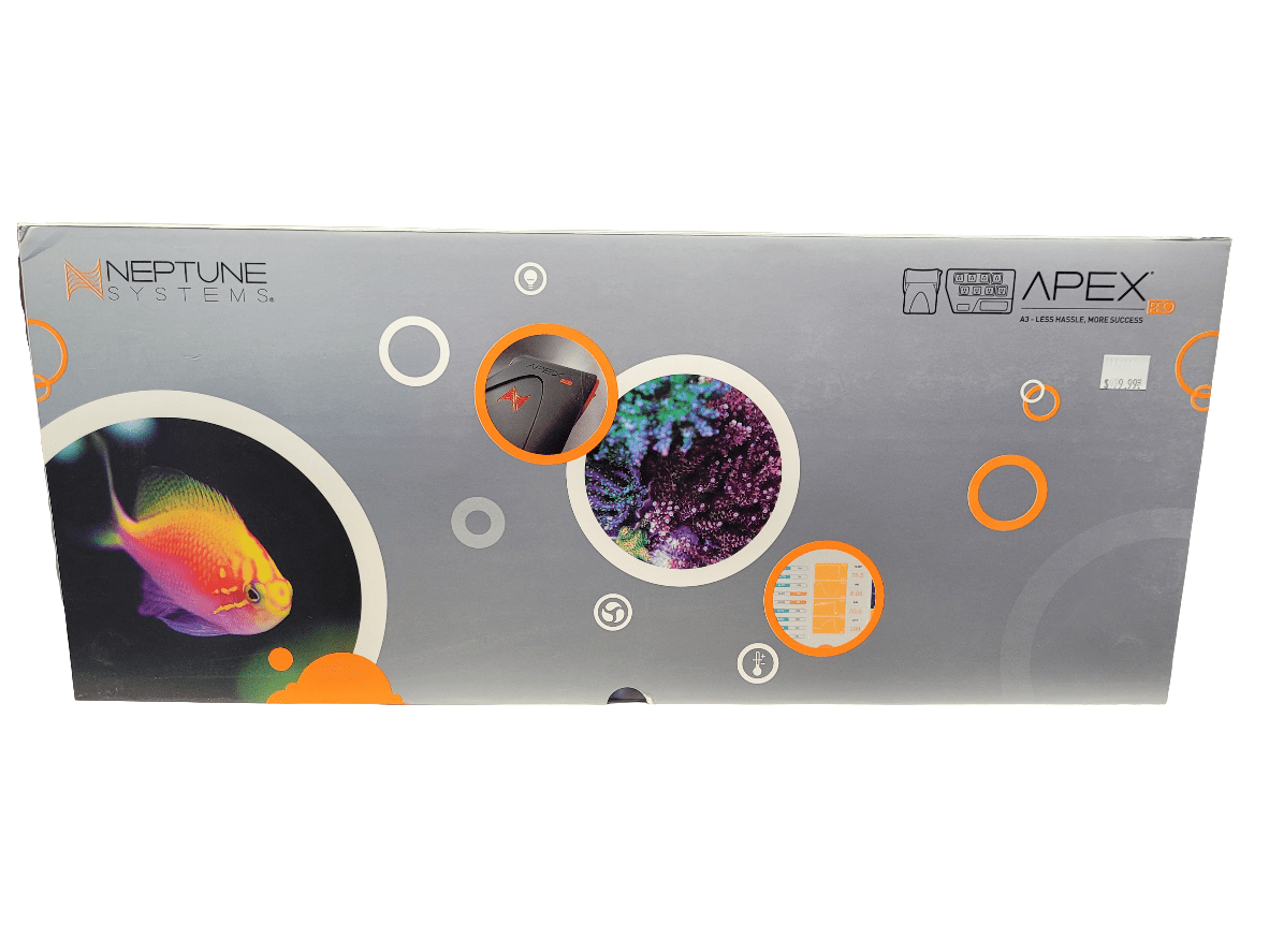 A large rectangular box featuring the Neptune Systems - Apex A3 Pro Controller branding showcases a vibrant design with a multicolored fish, coral, and various circles in shades of gray, orange, and white against a silver background.