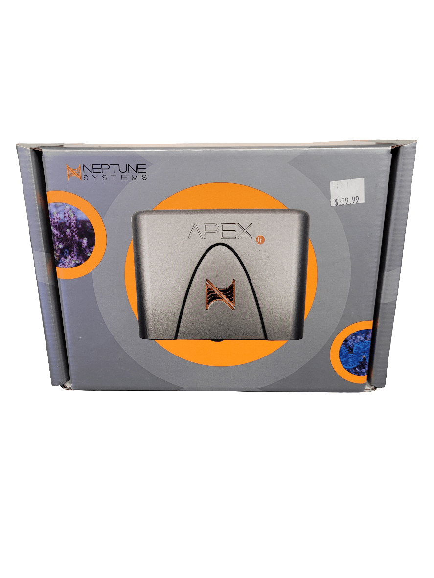 A boxed product from Neptune Systems, labeled Apex Jr Controller, features a gray and orange design with a price tag of $599.99. The package is adorned with circular patterns and brand logos.