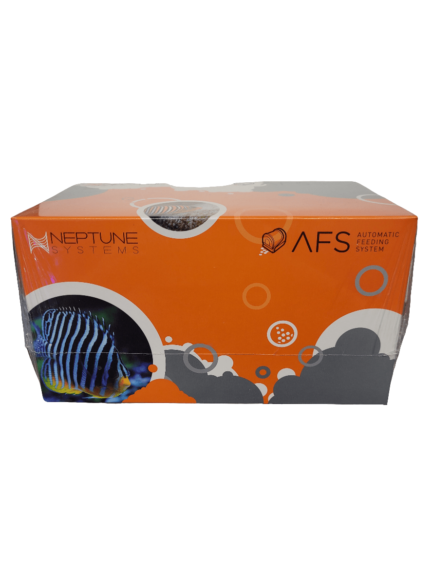 Packaging box for the Neptune Systems - Automatic Feeding System with a vibrant orange design, showcasing images of colorful fish and bubble graphics.