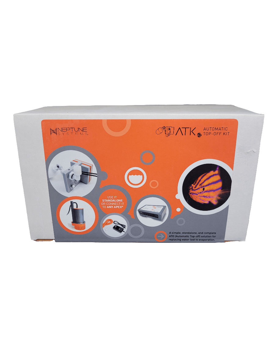 The packaging for the Neptune Systems - Automatic Top-Off Kit showcases images of its components and an illustration of the water flow. The box design is mainly orange and white with gray accents.