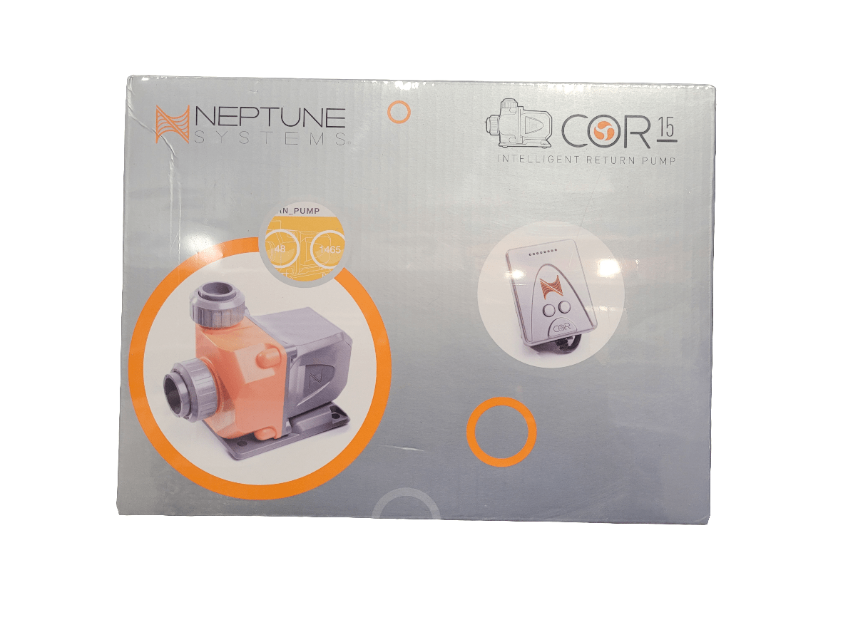 The image displays the packaging for the Neptune Systems - COR15 Pump, showcasing a picture of the pump with orange and gray branding. Text on the box highlights a flow rate of 1450 gallons per hour.