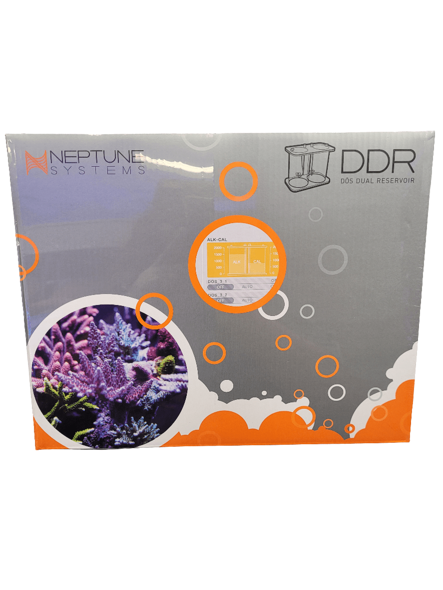 Box for a Neptune Systems - DDR Dual Dosing Reservoir, showcasing a coral reef image, company logo, product illustration, and orange accents on a gray background.