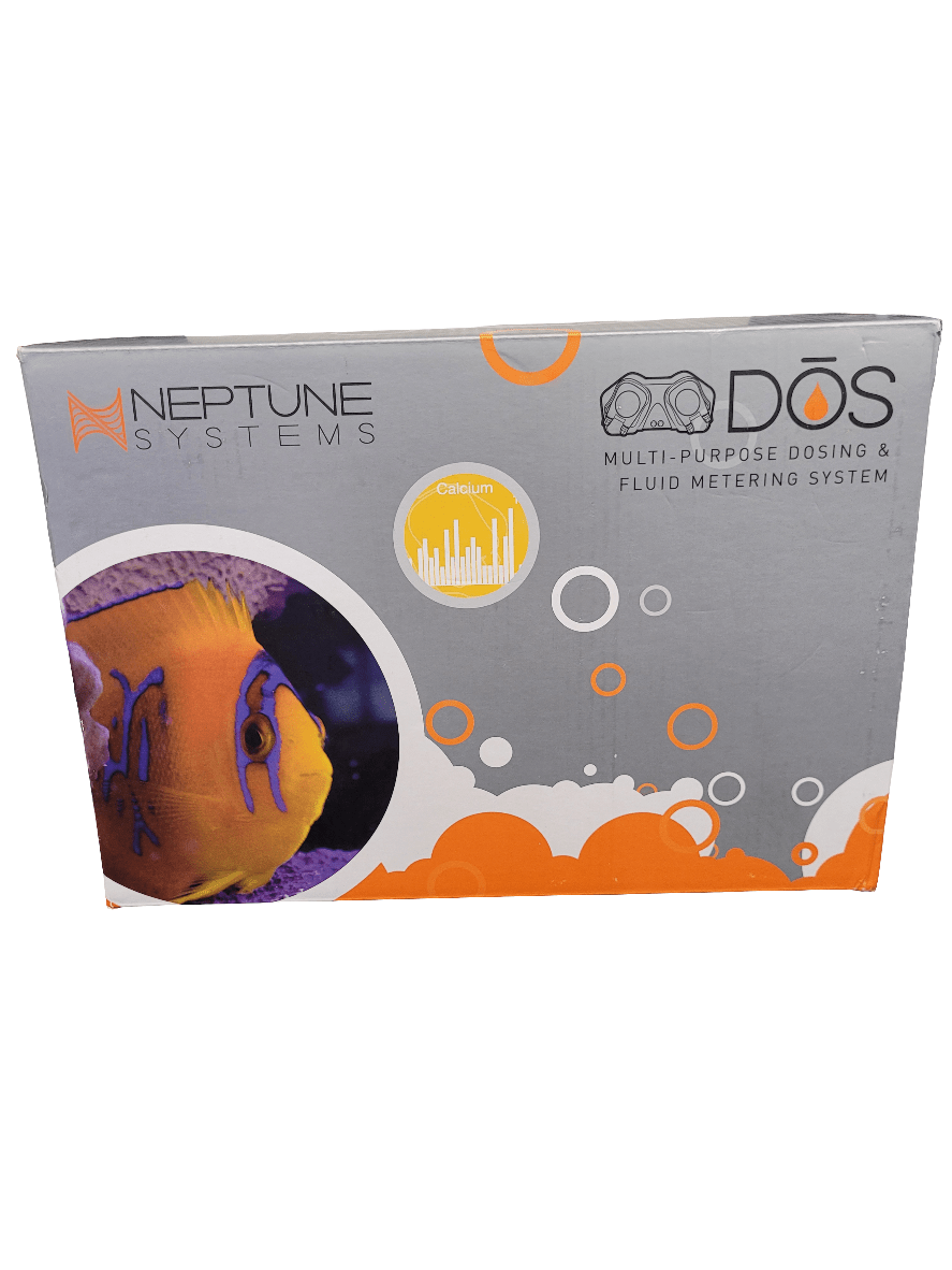 Box showcasing the Neptune Systems DOS Dual Dosing Pump. The packaging features an image of a colorful fish along with orange bubble design elements.