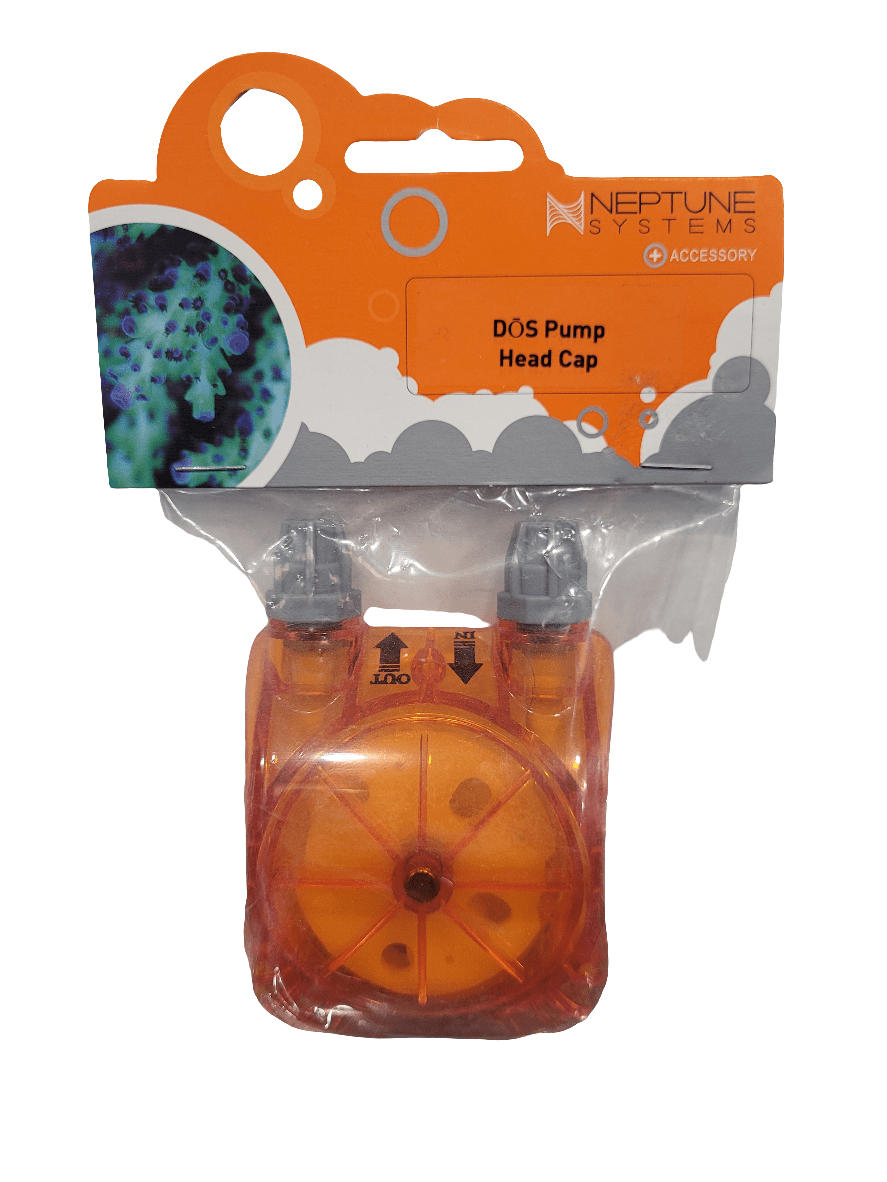 Packaging for the Neptune Systems - DOS Pump Head Cap, showcasing an orange cap. The label displays the brand logo alongside a small image of a coral reef, with the package specifically designed for aquarium accessory use.