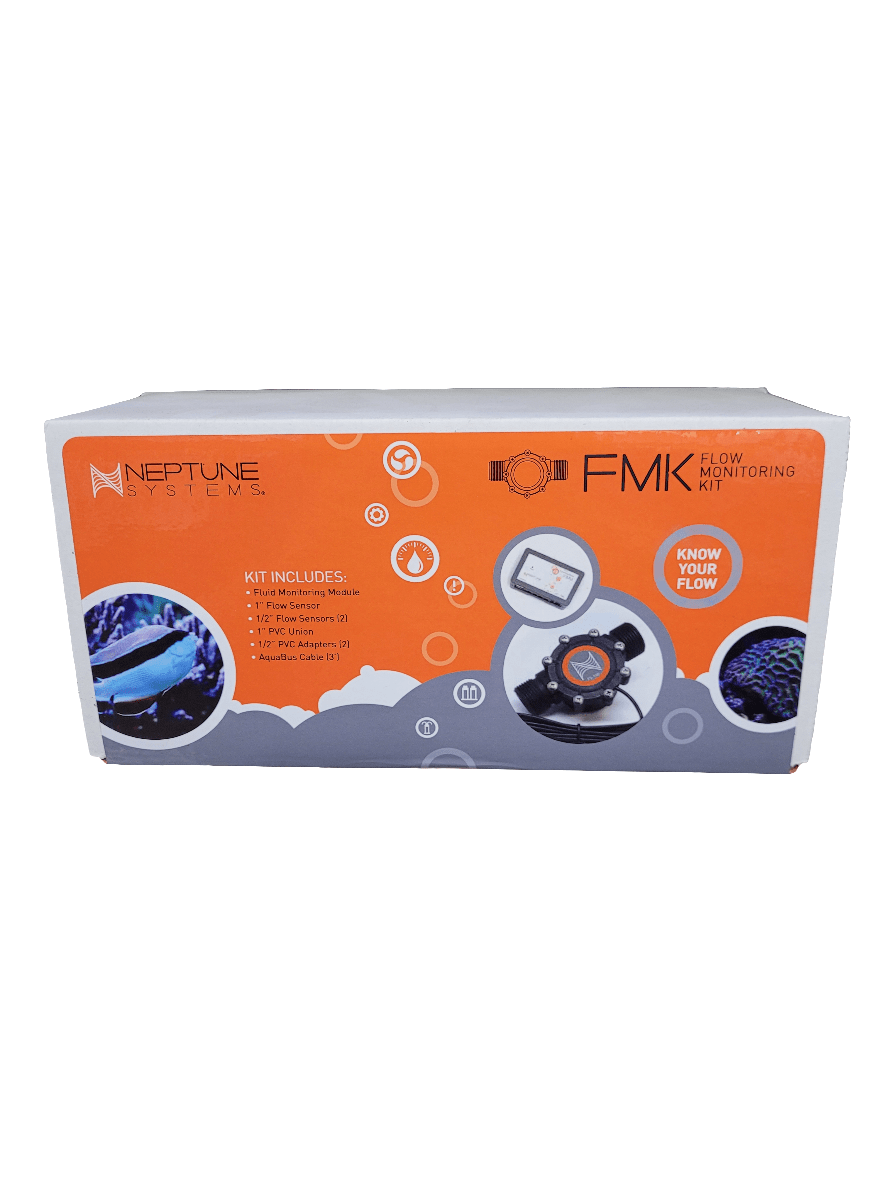 Packaging for the Neptune Systems - Flow Monitoring Kit showcases images of the included components. The orange and white design emphasizes a digital display and sensor, with text detailing kit contents and prominently displaying the phrase "Know Your Flow.