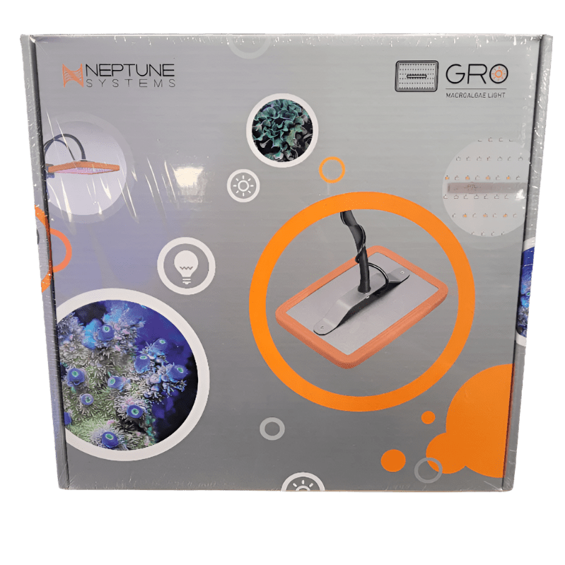 The packaging for the Neptune Systems - GRO Macroalgae Light displays images of the light and macroalgae, along with decorative circular designs set against a gray background.