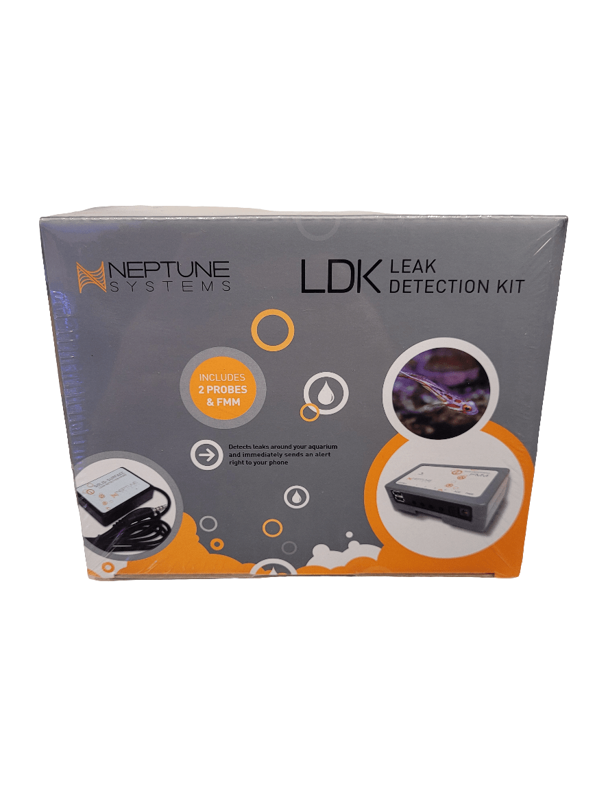 The image displays a Neptune Systems - Leak Detection Kit box, showcasing text and images of the kit's components, which include two probes and an FMM module. The packaging also incorporates water-themed graphics and distinctive orange branding elements.