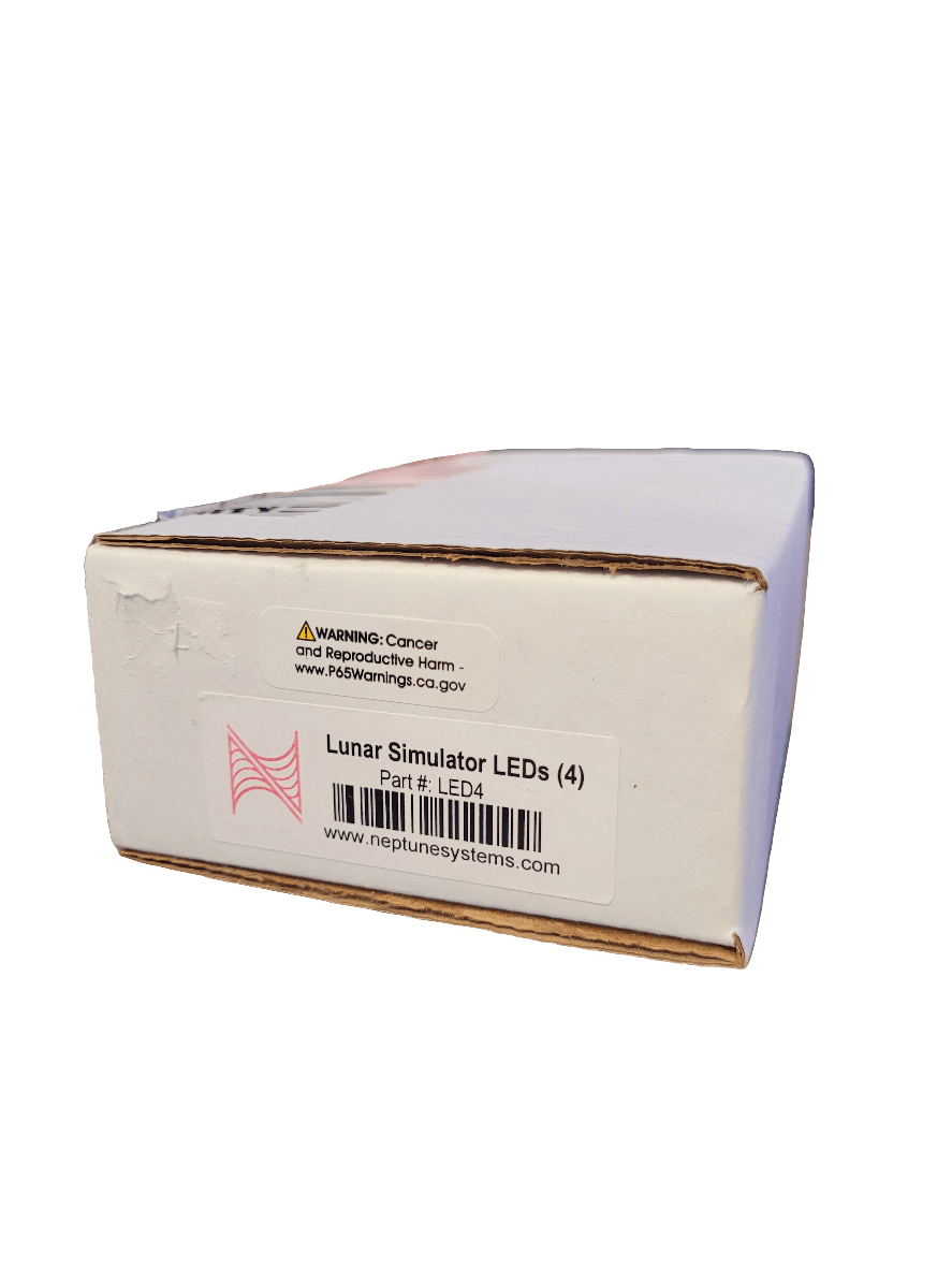 The white rectangular box, featuring Neptune Systems' product name "Lunar Simulator LEDs (4)," includes a warning about cancer and reproductive harm, along with a website link. The box is sealed and comes with a printed barcode.