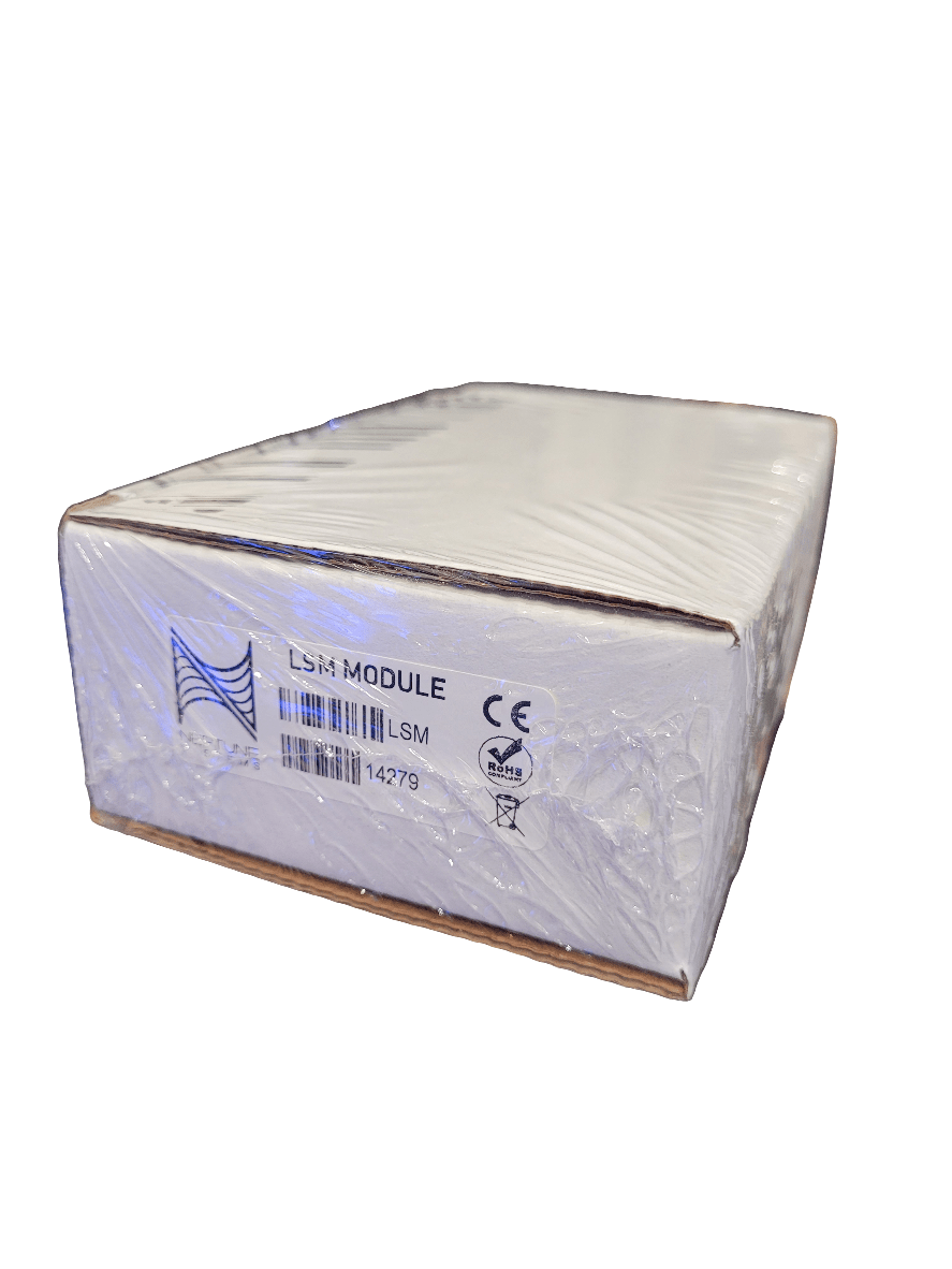 A packaged box of the Neptune Systems Lunar Simulator Module wrapped in plastic, showcasing a barcode, product code, and CE certification mark. The rectangular box is primarily white with text and logos on the visible side.