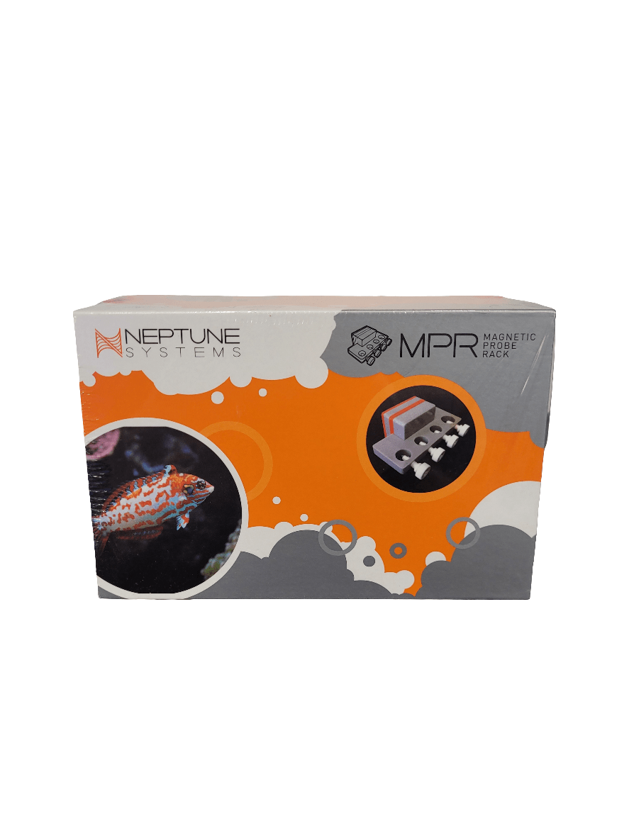 Neptune Systems - Magnetic Probe Rack packaging showcases a fish image and bubble designs in orange and gray, with the product name prominently displayed next to an illustration of the rack.