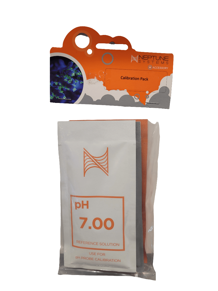 Image of the Neptune Systems PH Probe Calibration Pack. It features a pH 7.00 reference solution for calibrating a pH probe, presented in a white and orange package with branded design.