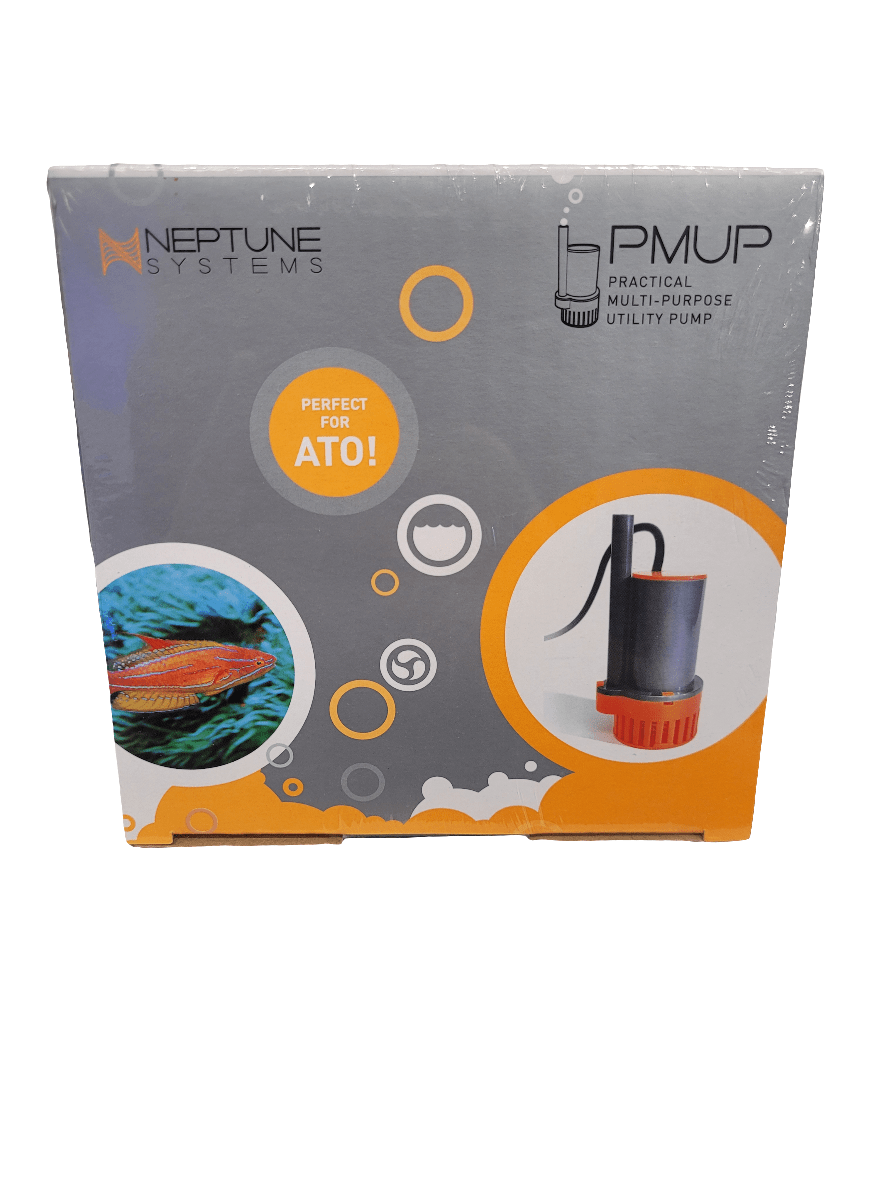 Packaging for the Neptune Systems - PMUP Utility Pump showcases a gray and orange color scheme, featuring images of the pump alongside a fish. The text reads "Perfect for ATO!".