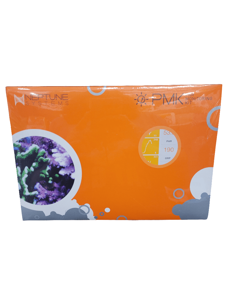 The packaging for the Neptune Systems - Par Monitoring Kit has an orange background. The box showcases a circular image of coral along with text details about monitoring, a graph, the number 190, and the abbreviation PMK.