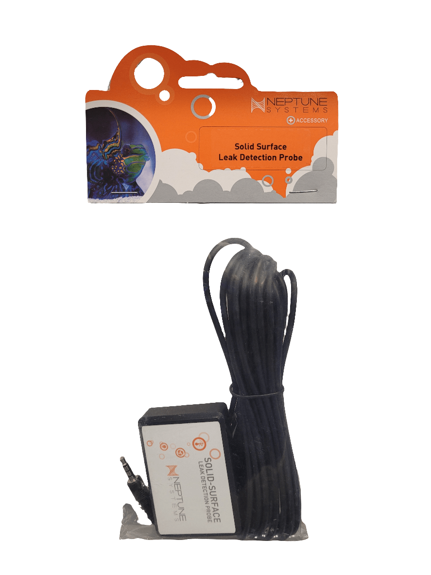 Packaging and design of a Neptune Systems Solid Surface Leak Detection Probe. The packaging showcases an orange and gray theme with product details, while the coiled probe along with its connector is visible beneath.