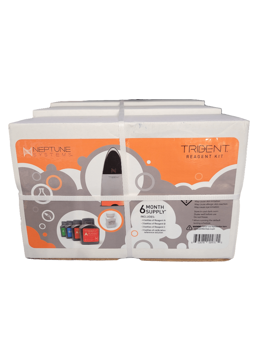 Neptune Systems - Trident Reagent Kit - 6 Months. The packaging showcases an orange and gray design with text stating a six-month supply, containing multicolored reagents and a white circular component.