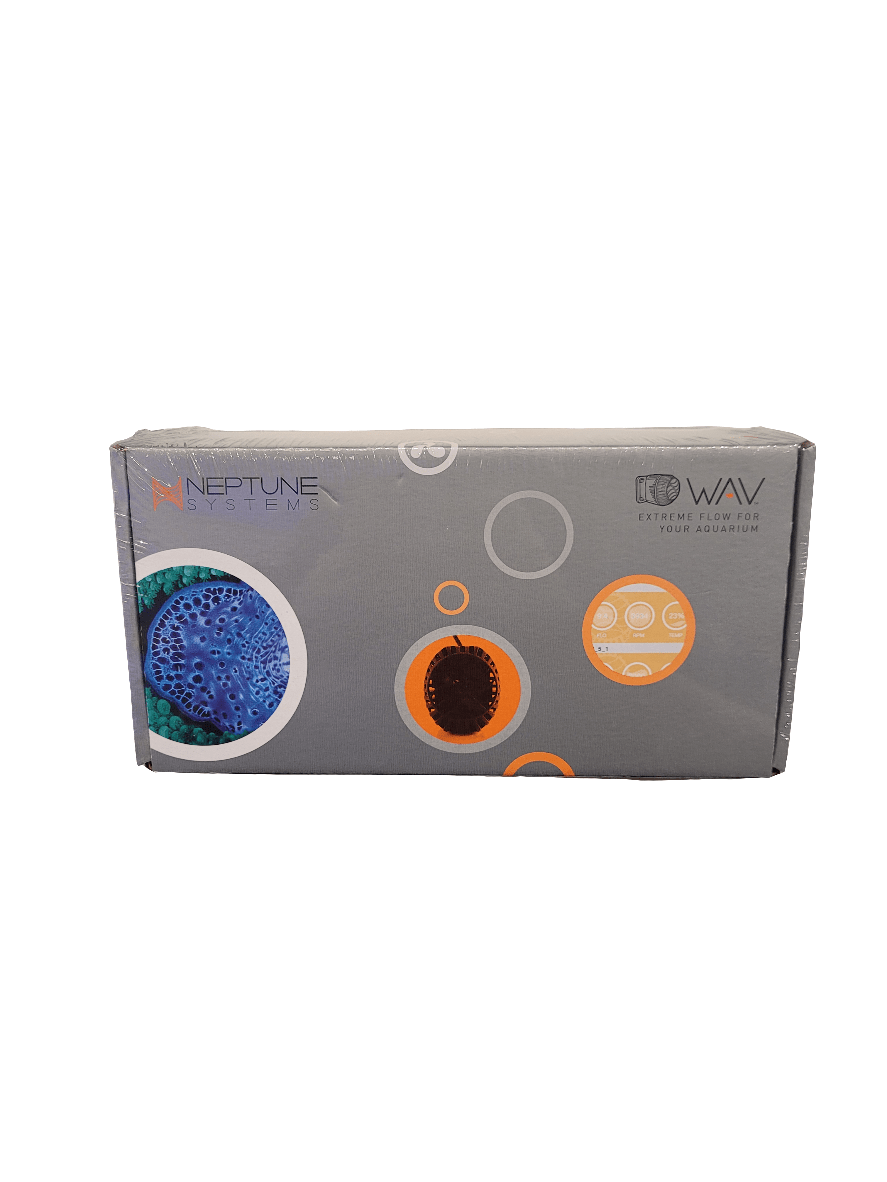 The product packaging of the Neptune Systems - WAV Circulation Pump is a rectangular cardboard box showcasing the Neptune Systems and WAV logos. The design includes circular images with abstract patterns in shades of blue, orange, and brown on a gray background.