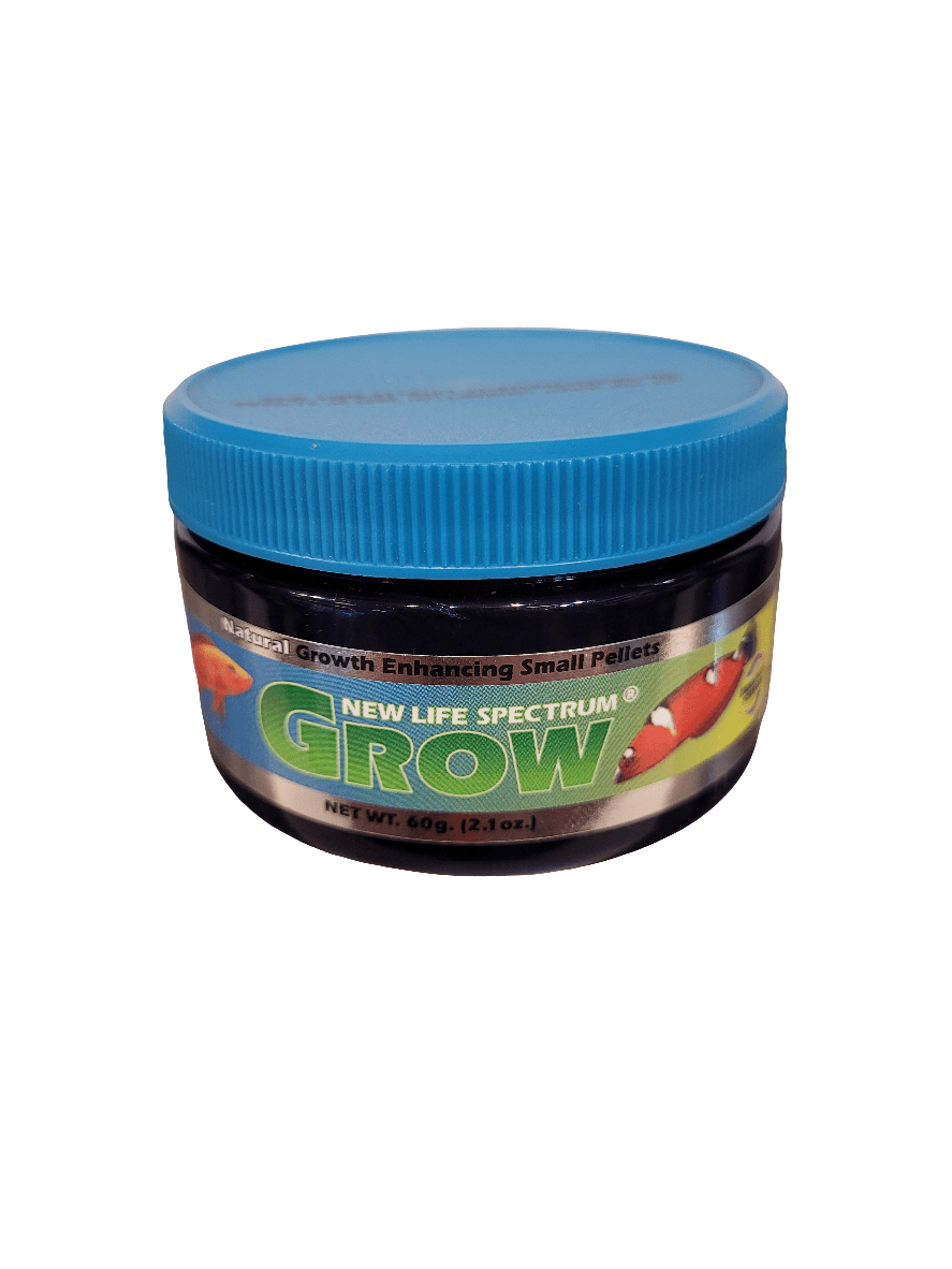 A small container of New Life Spectrum - Grow fish food has a blue lid and features a label with vibrant fish images, detailing its benefits for promoting natural growth with small pellets. The net weight is 60 grams (2.1 oz).