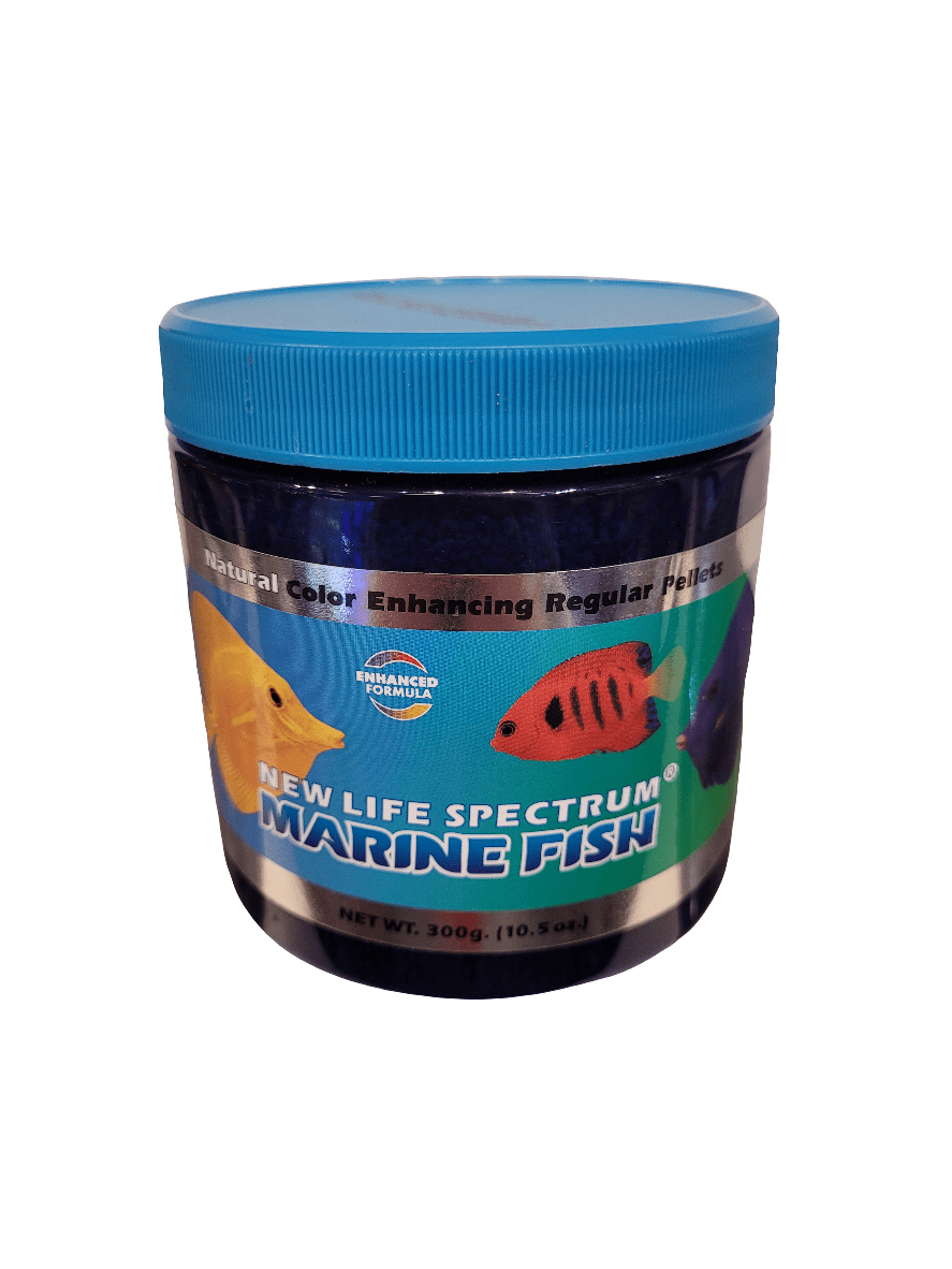 Container of New Life Spectrum - Marine Pellets - Sinking - 10.5oz with a blue lid. The label showcases vibrant fish graphics and states Natural Color Enhancing Regular Pellets and Net Wt. 300g (10.5 oz).