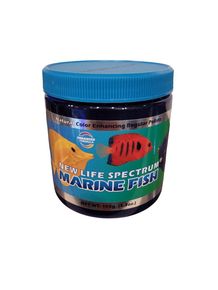 A container of New Life Spectrum Marine Pellets with a blue lid, showcasing images of vibrant fish on the label. It features Natural Color Enhancing Regular Sinking Pellets and has a net weight of 150g (5.3 oz.).