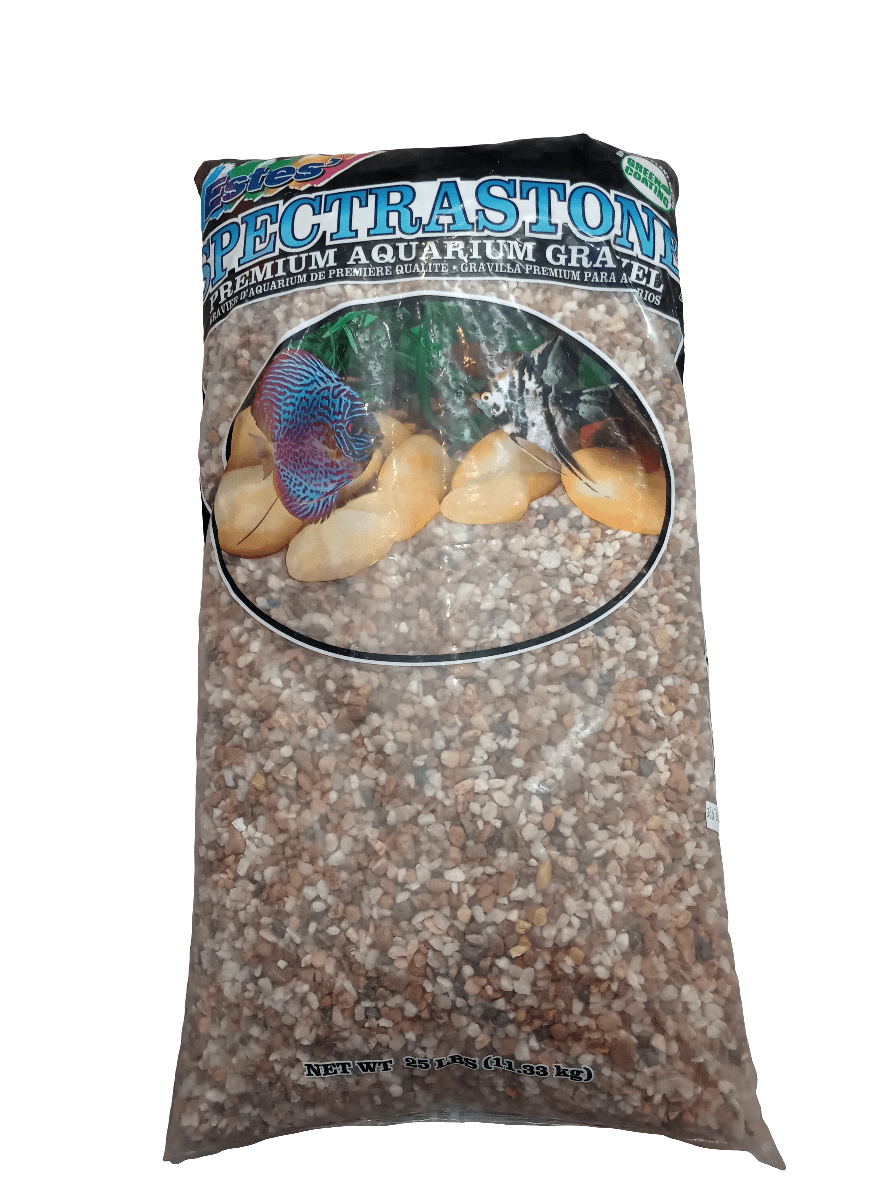 A 5-pound (2.26 kg) bag of Nutmeg Aquarium Gravel, showcasing an illustration of a fish and rocks on the label, contains mixed natural-colored gravel.