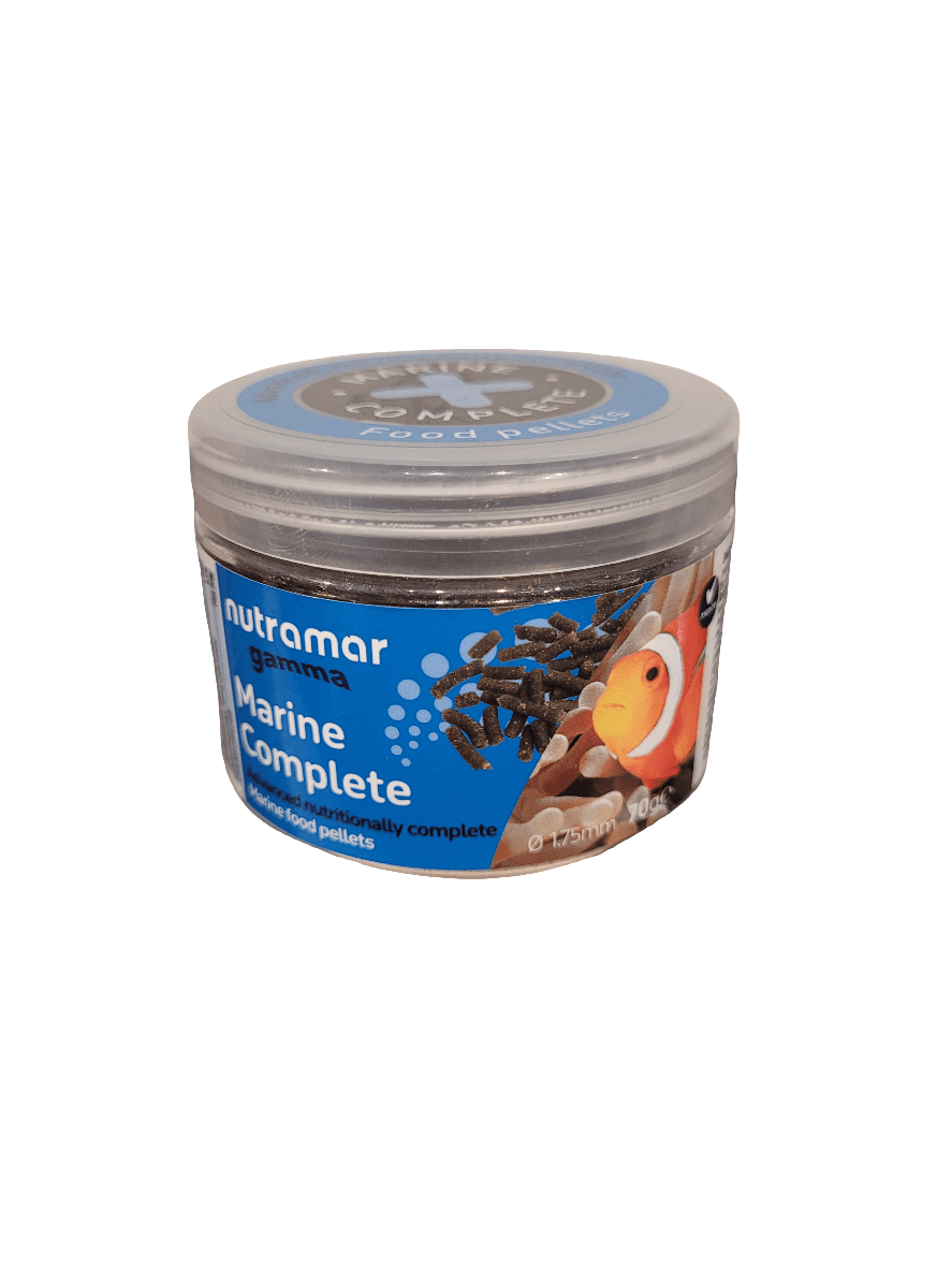 A 70g container of Nutramar Marine Complete fish food pellets with an image of a clownfish on the label, packaged in a transparent container with a gray lid.