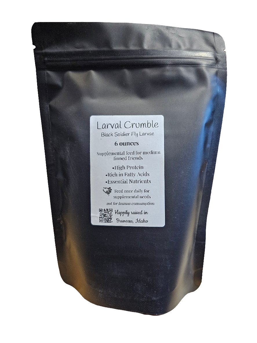 A black resealable bag labeled Obsidian Fly Co. - Black Soldier Fly Larvae - Larval Crumble 6 Oz, contains high-protein, nutrient-rich larvae, and fatty acids. Sourced from Bouseau, Idaho, ideal for exotic birds.