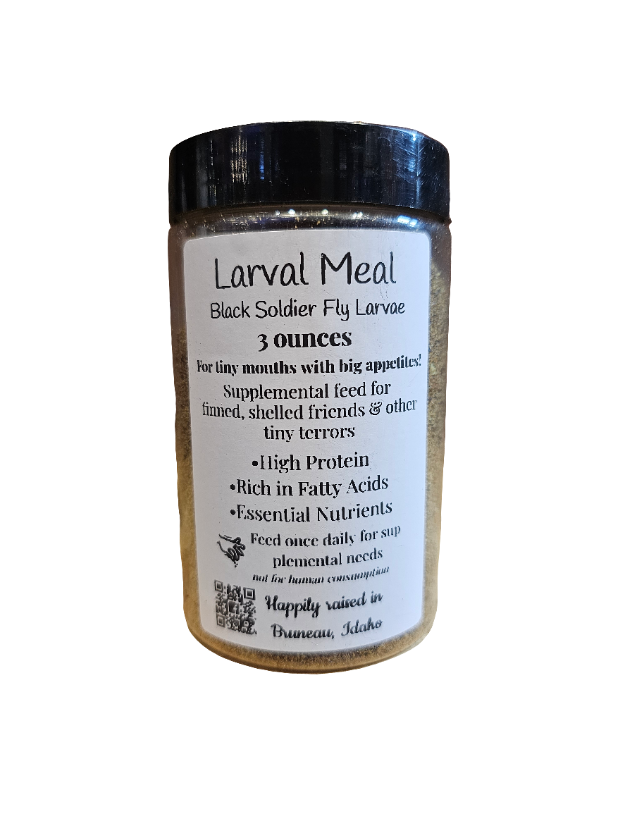 A 3 oz container labeled Obsidian Fly Co. - Black Soldier Fly Larvae outlines high protein, fatty acids, and essential nutrients as features, designed as supplemental feed for specific animals.