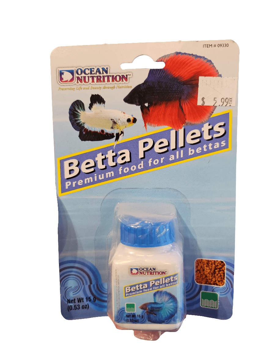 Package of Ocean Nutrition - Betta Pellets 15g, featuring an image of a red and blue betta fish. Includes a small container of food. Price tag reads $5.99.