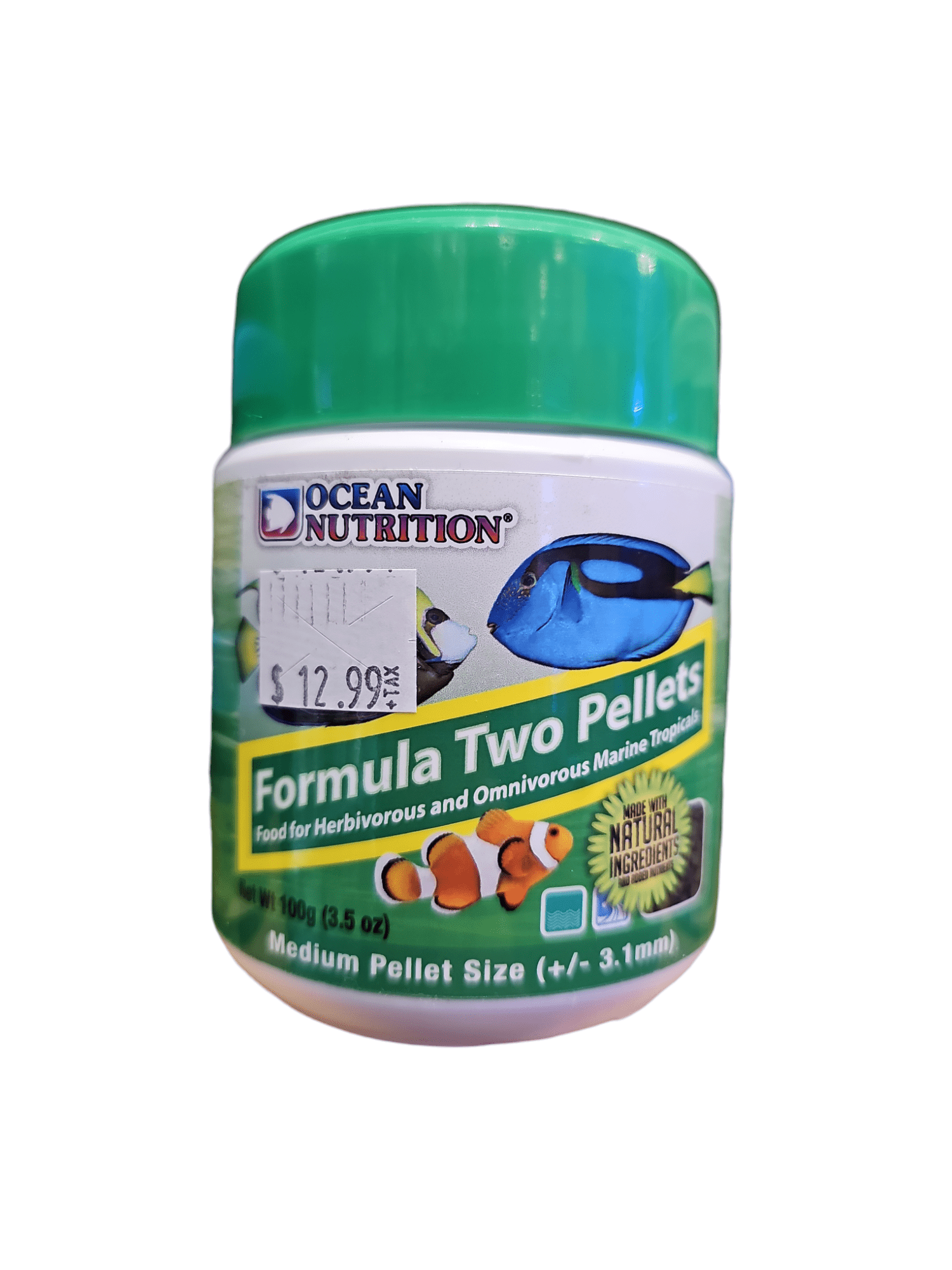 A container of Ocean Nutrition Formula Two Pellets 3.1mm, priced at $12.99, features illustrations of marine fish on the label and states that it is suitable for herbivorous and omnivorous marine tropicals. The net weight is 100g (3.5 oz), with a medium pellet size.