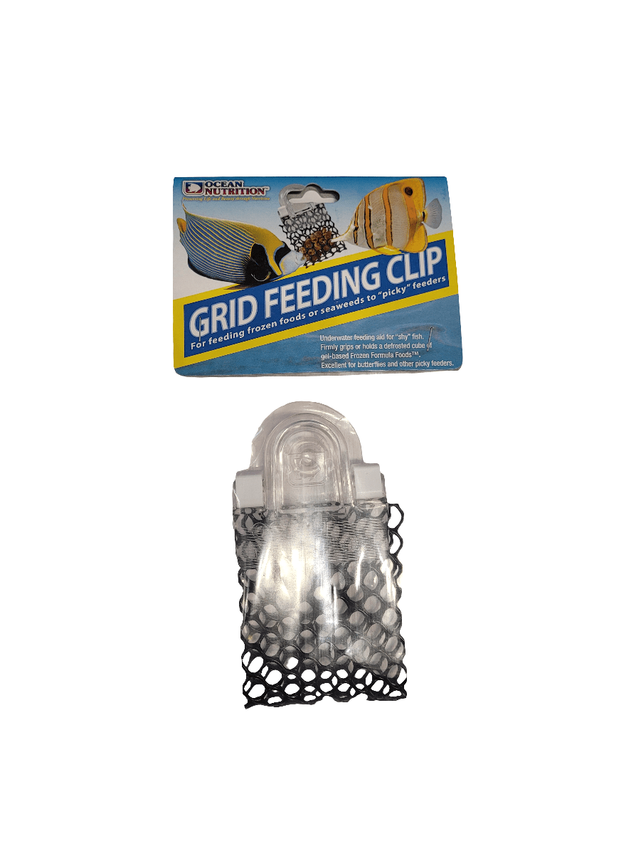 The Ocean Nutrition Grid Feeding Clip is shown in the image—a transparent plastic clip designed for aquariums, perfect for feeding frozen foods or seaweeds. Its packaging displays a fish image and includes text about its effectiveness for selective feeders.