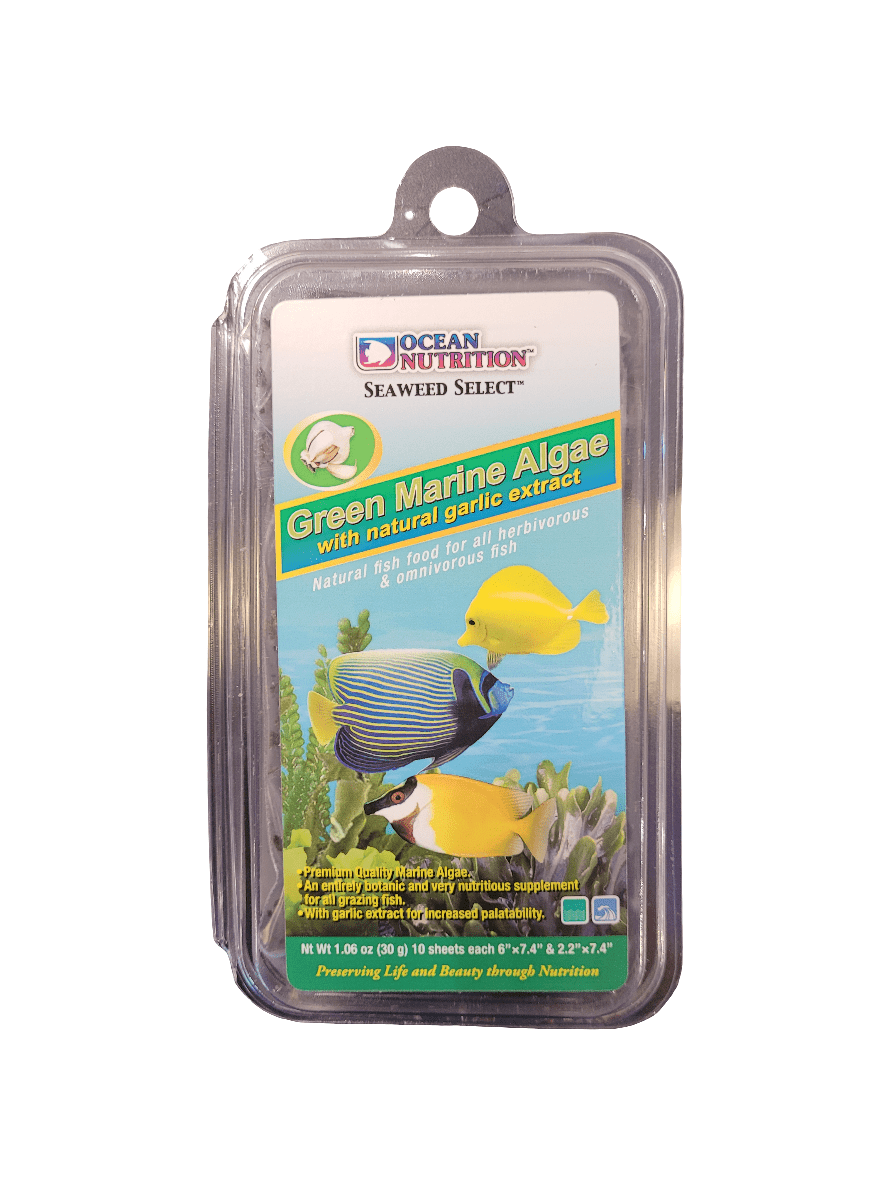 Package of Ocean Nutrition - Seaweed Select - Green Marine Algae 30g, enriched with natural garlic extract. The packaging includes images of colorful fish and details about the benefits for both herbivorous and omnivorous fish.