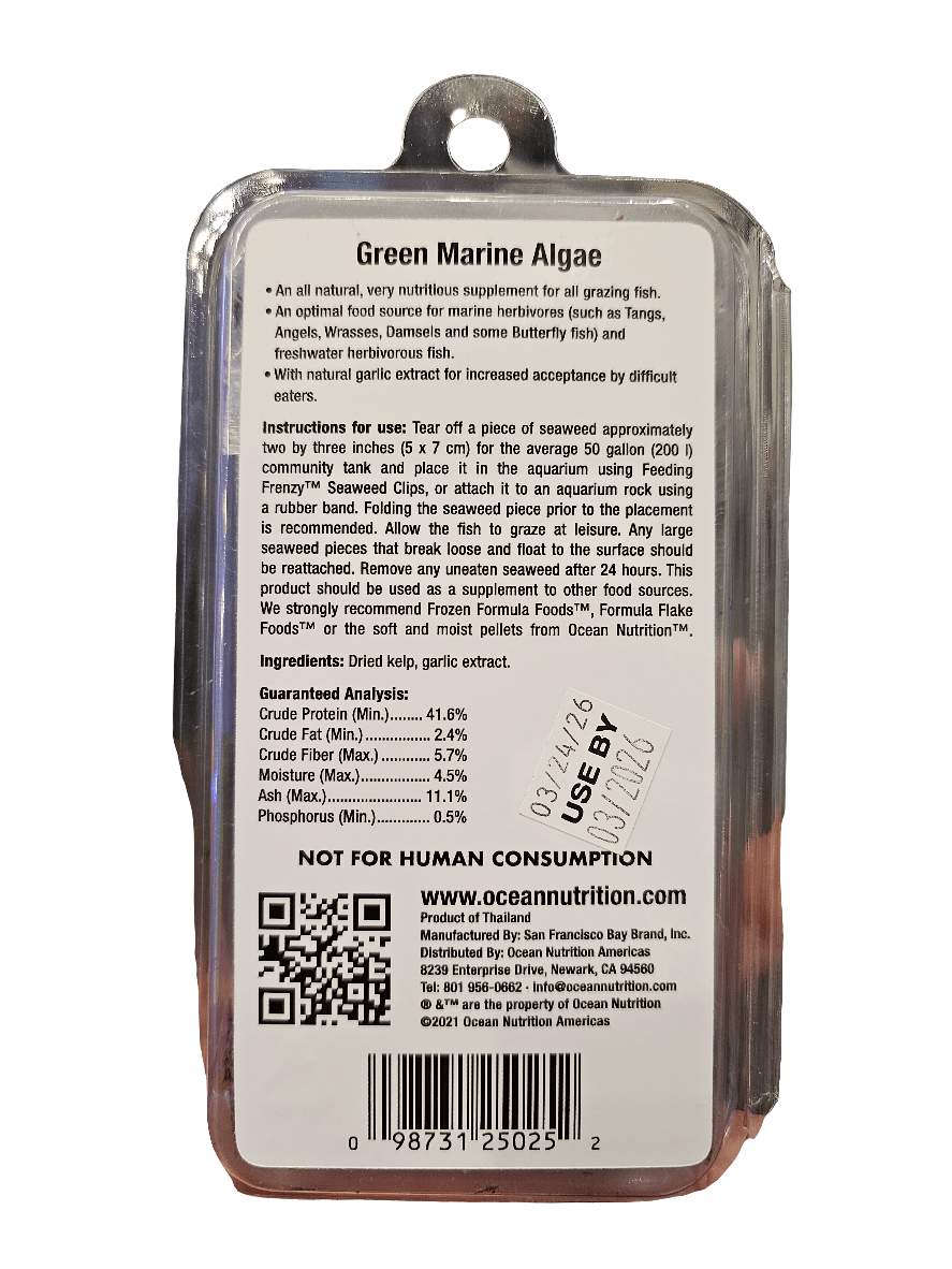 Back of the Ocean Nutrition - Seaweed Select - Green Marine Algae 30g package, intended for herbivorous fish. Features nutritional details, feeding guidelines, and a QR code. Clearly states Not for Human Consumption with an expiration date of 08/02/26.