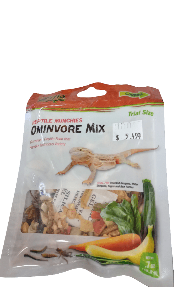 A packet of Omnivore Mix Zilla .7oz featuring a picture of a bearded dragon, labeled as Trial Size and priced at $5.49, contains dried vegetables and insects.