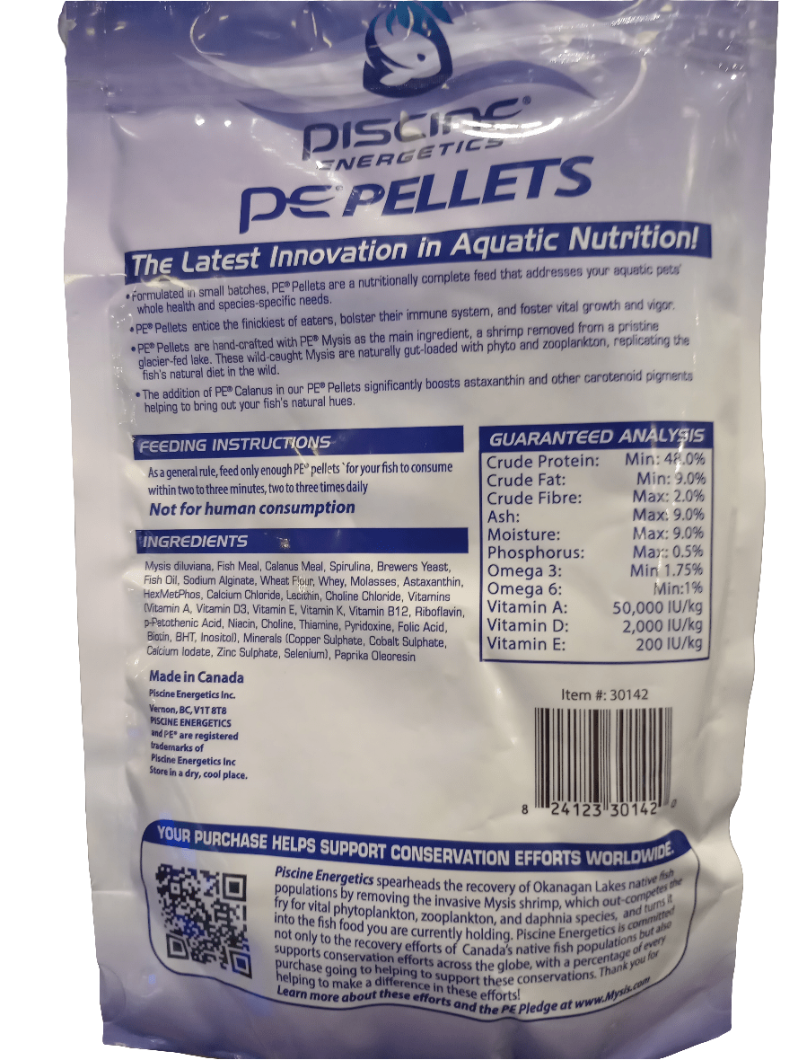 Reverse side of the PE Pellets 3mm 8 Oz Pouch. The package features feeding instructions, a list of ingredients, a guaranteed analysis, and an environmental conservation message. It has a white background with blue text and displays a logo depicting a fish and waves.