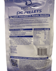 Reverse side of the PE Pellets 3mm 8 Oz Pouch. The package features feeding instructions, a list of ingredients, a guaranteed analysis, and an environmental conservation message. It has a white background with blue text and displays a logo depicting a fish and waves.