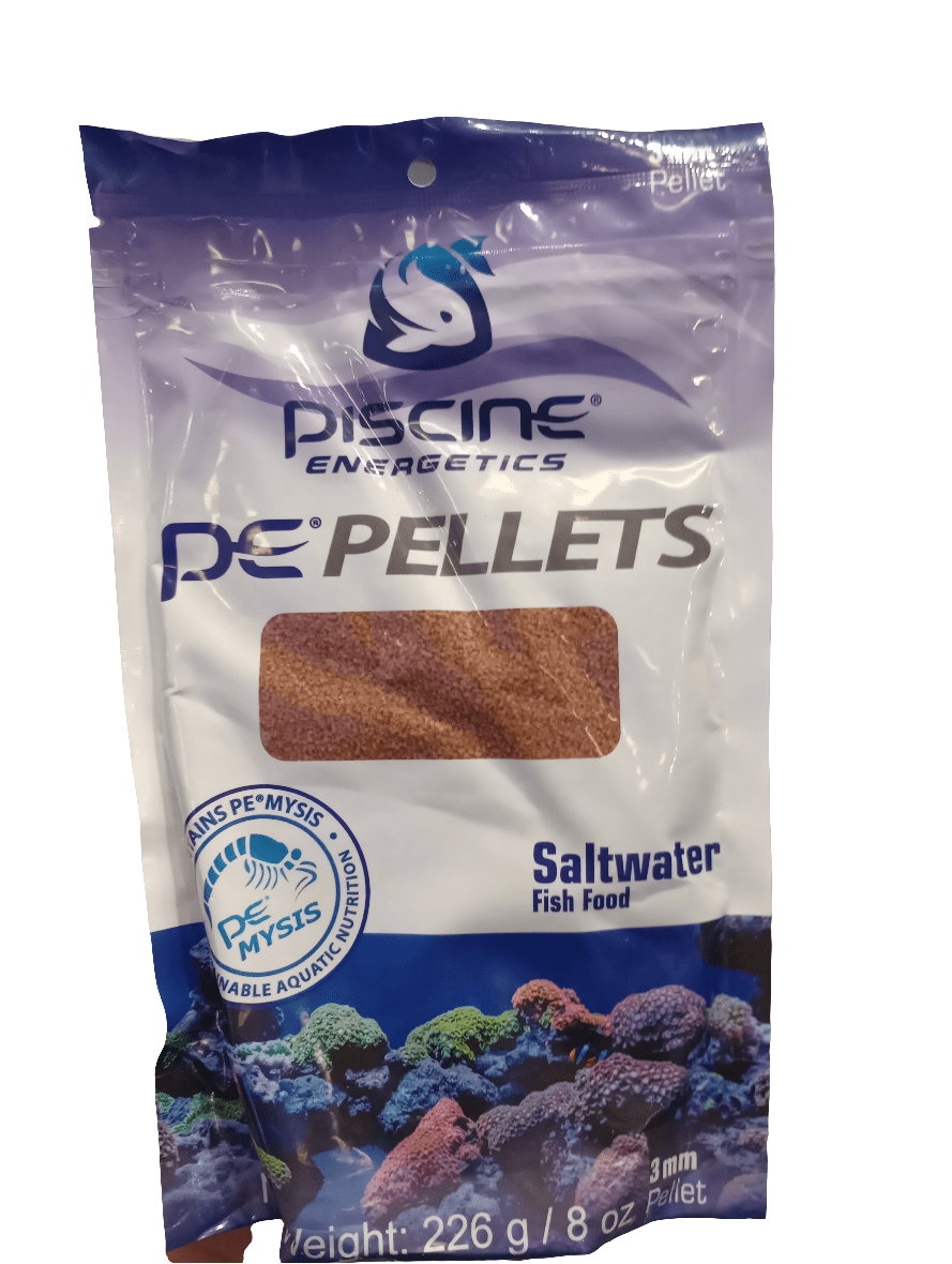 A 226g pouch of Piscine Energetics PE Pellets 3mm for saltwater fish, featuring purple and white packaging with a design of colorful underwater coral at the bottom, and labeled as sustainable aquarium food.