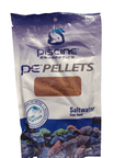 A 226g pouch of Piscine Energetics PE Pellets 3mm for saltwater fish, featuring purple and white packaging with a design of colorful underwater coral at the bottom, and labeled as sustainable aquarium food.