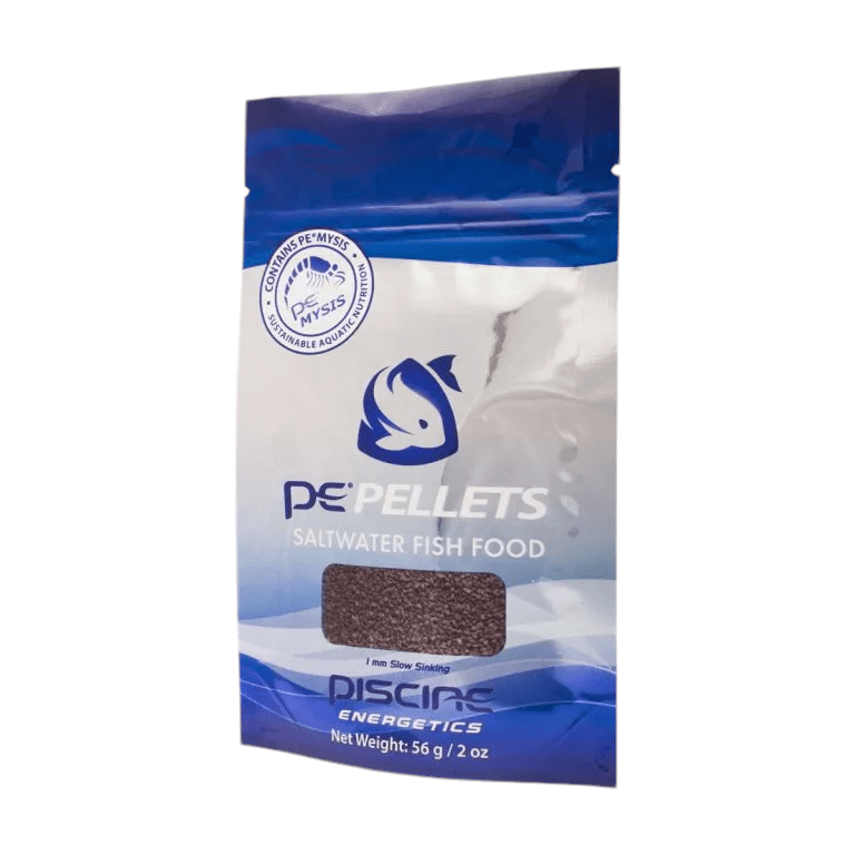 The packaging of the PE Pellets Saltwater Fish Food 1mm 2oz is depicted in blue and white, showcasing a logo with a fish graphic and text specifying that it is meant for feeding fish. The net weight of the product is 56g or 2oz.