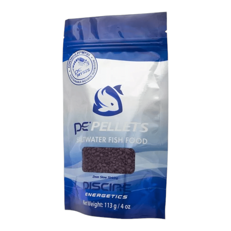 A package of PE Pellets Saltwater Fish Food by Piscine Energetics, featuring 2mm slow sinking pellets in a 113-gram (4 oz) blue and white package.