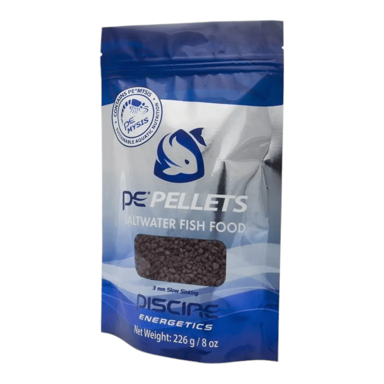 A blue and silver package labeled PE Pellets Saltwater Fish Food 3mm 8oz, featuring an image of fish, contains 226g (8 oz) of slow-sinking pellets.