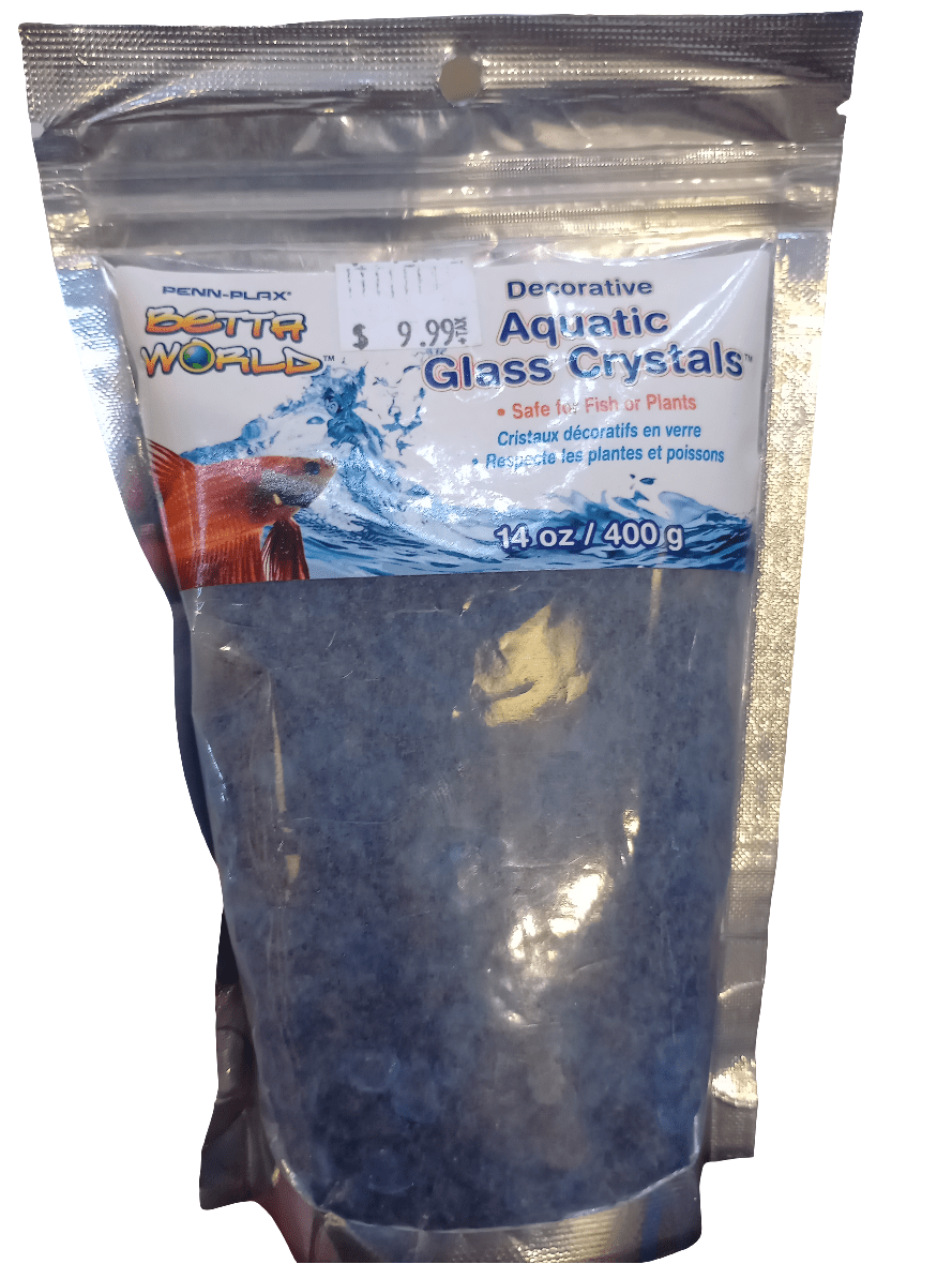 A sealed package of Penn-Plax Aquatic Glass Crystals in blue. The label features a fish and water splash graphic. The package weighs 14 ounces (400 grams) and is priced at $9.99.