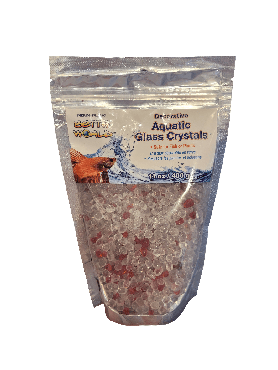 A package of Penn-Plax - Aquatic Glass Crystals Decor - Red & Clear. The resealable bag contains clear and red glass crystals, weighing 14 oz (400g), suitable for fish or plants, as indicated by the label featuring an image of a fish and water splash.