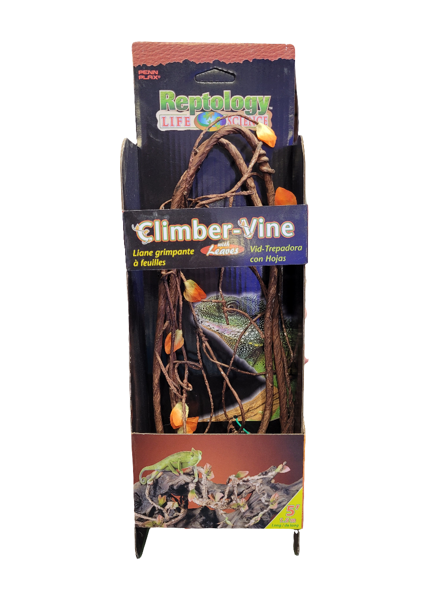 The Penn Plax Climber-Vine - 5 comes in a box featuring images of reptiles amid vibrant foliage, perfect for climbing reptiles and creating a naturalistic habitat with leaves and branches.