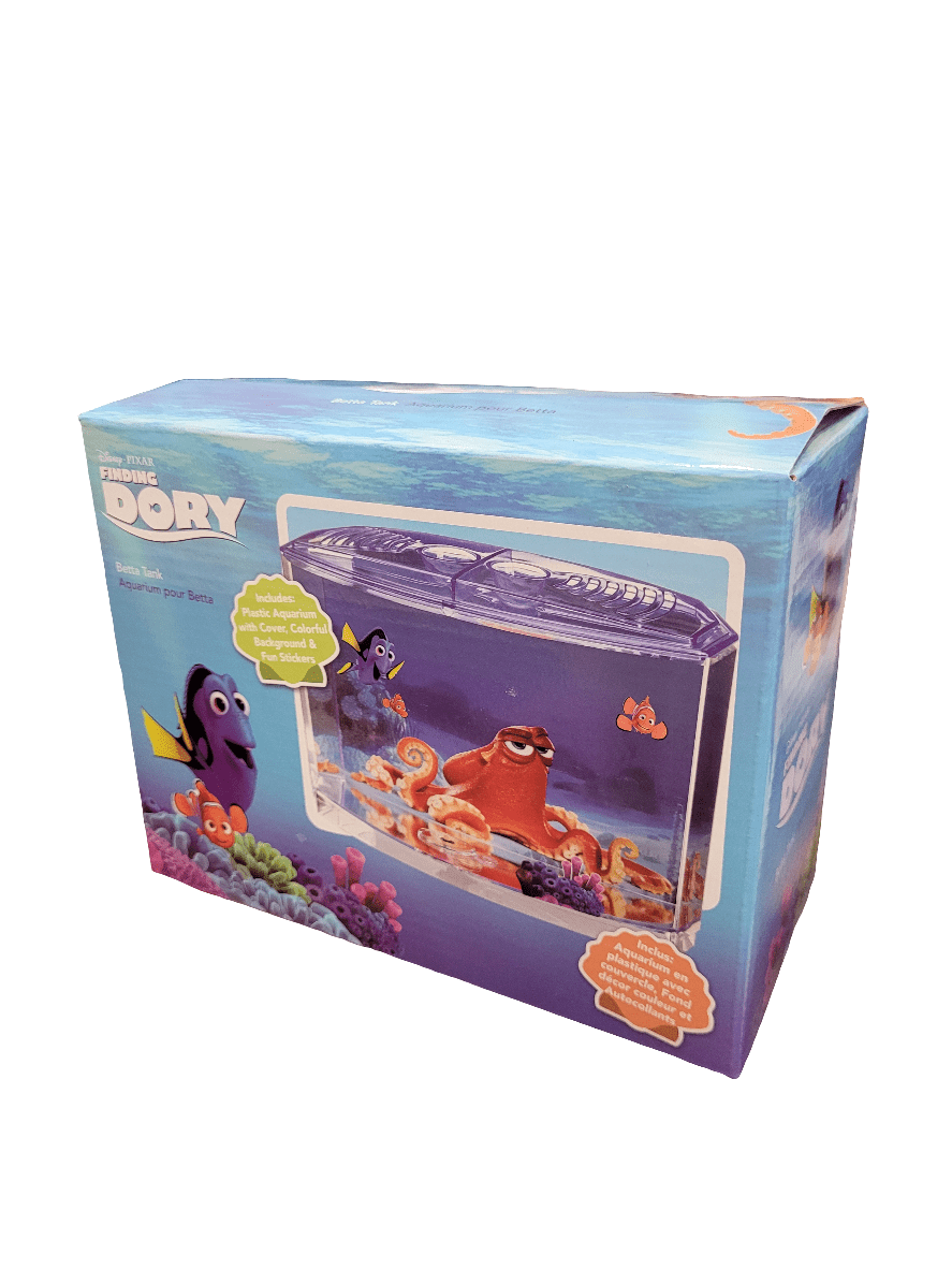 Introducing the Penn-Plax Dory Themed Betta Tank: a vibrant aquarium set showcasing beloved characters like Dory, Hank the octopus, and Nemo. The packaging highlights a tank decorated with coral and seaweed, perfect for housing small fish.