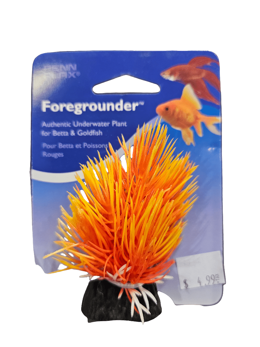 The Penn Plax - Orange Fan Bush is an artificial underwater plant for Betta and Goldfish, featuring an orange and white spiky design. It comes packaged on a blue card adorned with images of fish and is priced at $4.99.