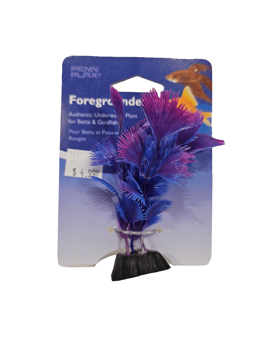 The Penn Plax - Red Fan Palm Sml is a vibrant artificial plant designed for aquariums, showcasing purple and blue leaves. It comes attached to a black base, with packaging labeled Foreground, priced at $4.99, and is suitable for Betta and Goldfish tanks.