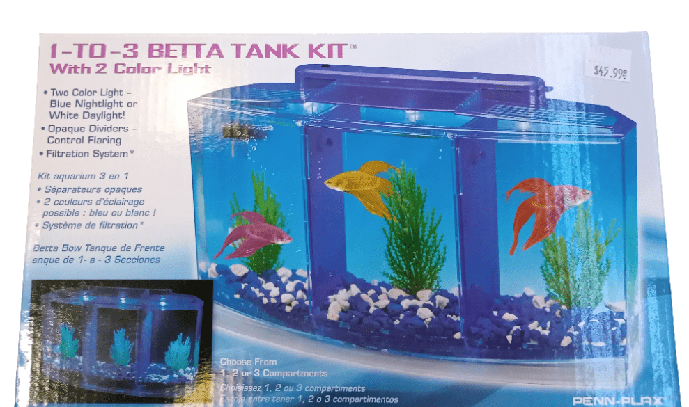 This is an image showing the packaging for the PennPlax - 3 to 1 - Betta Tank Kit. The box highlights a spacious tank divided into three sections, ideal for showcasing vibrant fish. The kit comes equipped with bi-color LED lights and a filtration system, all priced at $45.99.