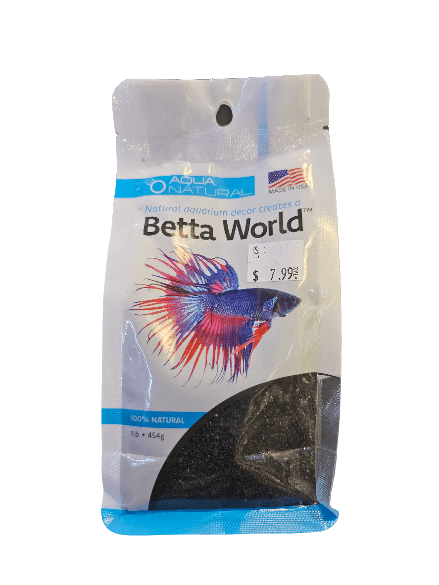 Explore the Pisces - Betta World - Diamond Black, featuring a vibrant Betta fish on its packaging. This 1 lb (454g) of aquarium-safe natural substrates is made in the USA and priced at just $7.99, making it perfect for enhancing your aquatic habitat!